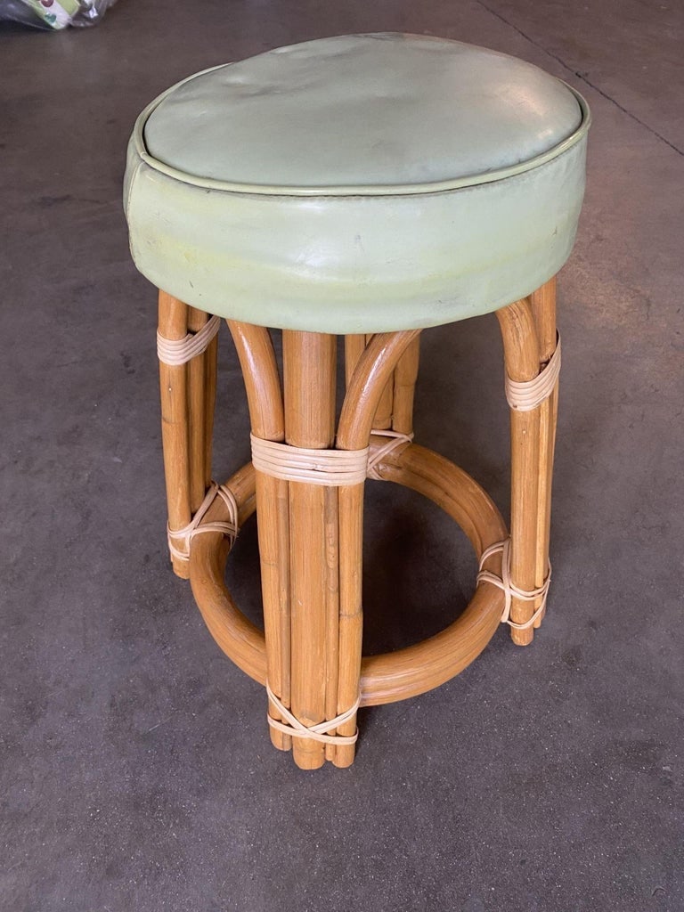 Restored Single Stand Arched Rattan Vanity Stool W/ Teal Seat - 3