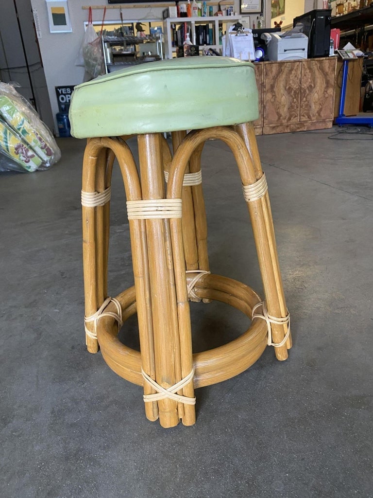 Restored Single Stand Arched Rattan Vanity Stool W/ Teal Seat - 4