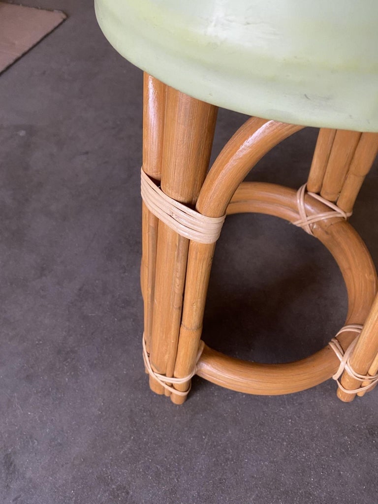 Restored Single Stand Arched Rattan Vanity Stool W/ Teal Seat - 5