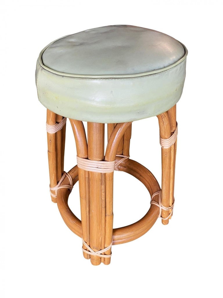 Restored Single Stand Arched Rattan Vanity Stool W/ Teal Seat - 7