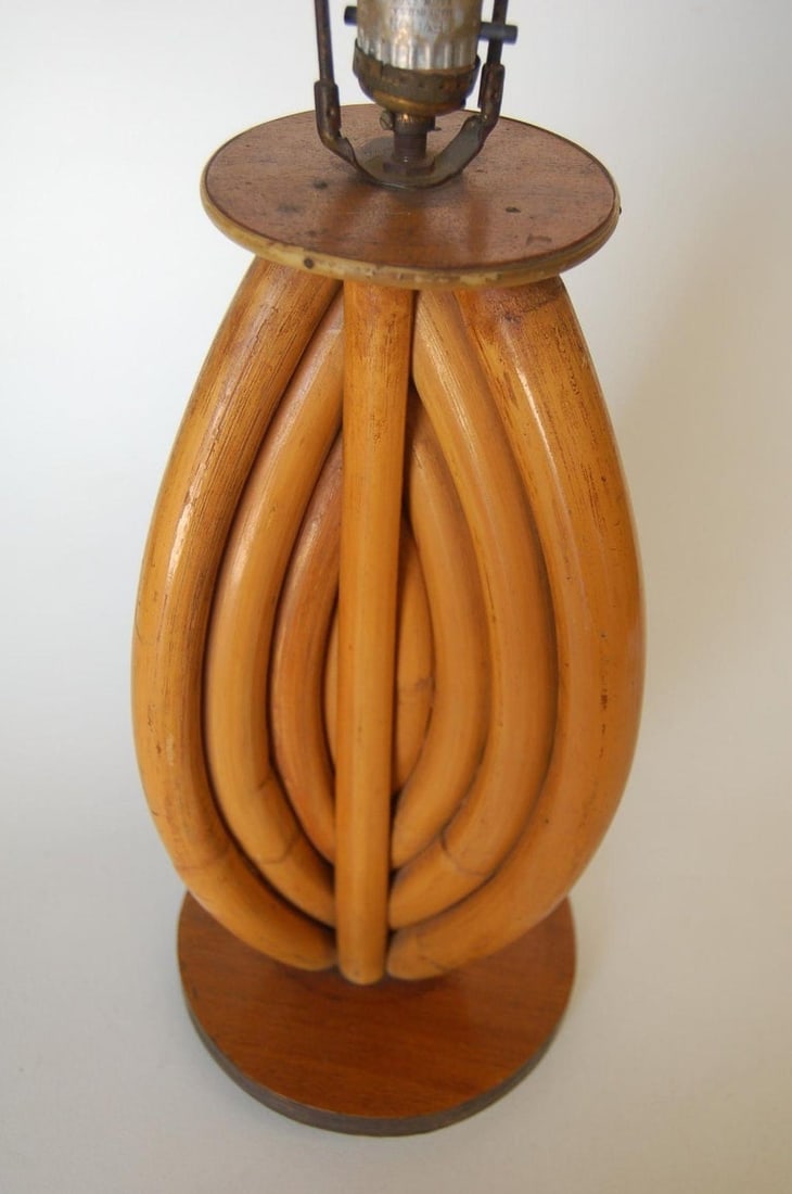 Restored Rattan Table Lamps W/ Tri-Shape Loop Pattern & Mahogany Base, Pair - 3