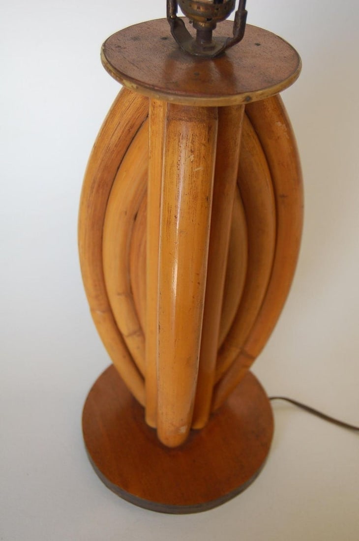 Restored Rattan Table Lamps W/ Tri-Shape Loop Pattern & Mahogany Base, Pair - 4