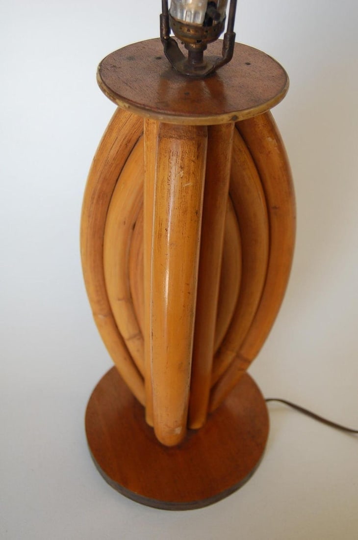 Restored Rattan Table Lamps W/ Tri-Shape Loop Pattern & Mahogany Base, Pair - 5