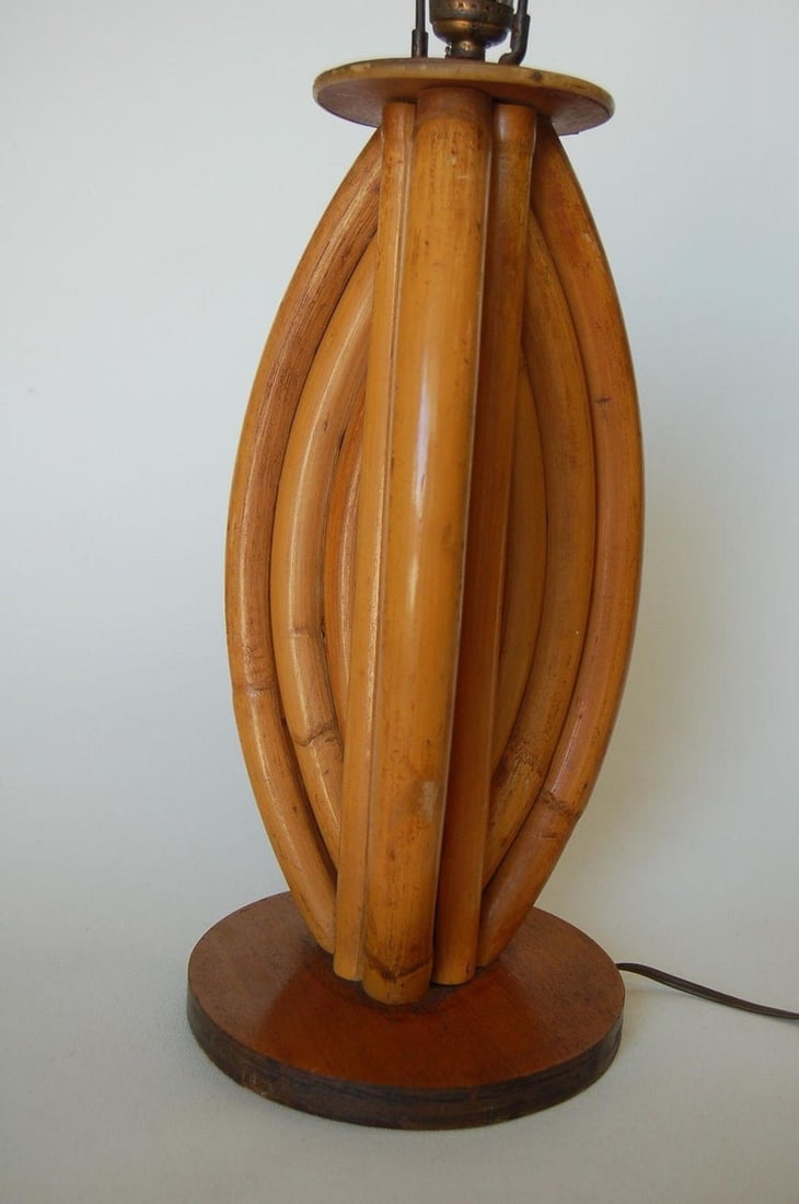 Restored Rattan Table Lamps W/ Tri-Shape Loop Pattern & Mahogany Base, Pair - 6