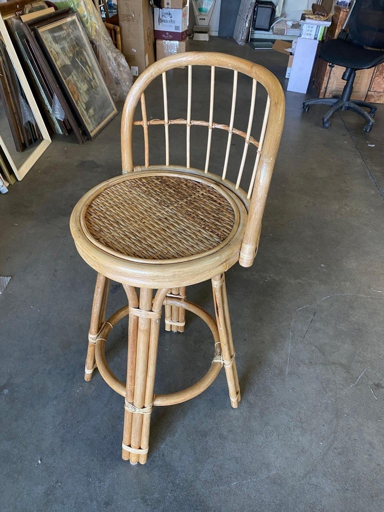Restored 3-Strand Rattan Bar Stool w/ Stick Reed Rattan Back - 3