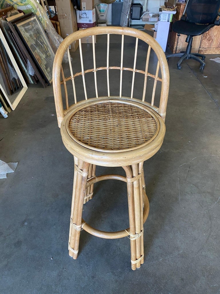 Restored 3-Strand Rattan Bar Stool w/ Stick Reed Rattan Back - 6