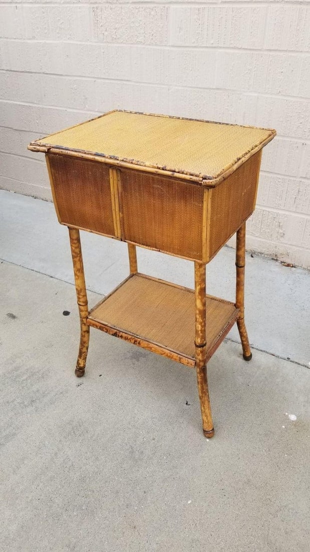 Restored Tiger Tortoise Bamboo Pedestal Side Table Storage Box - 5