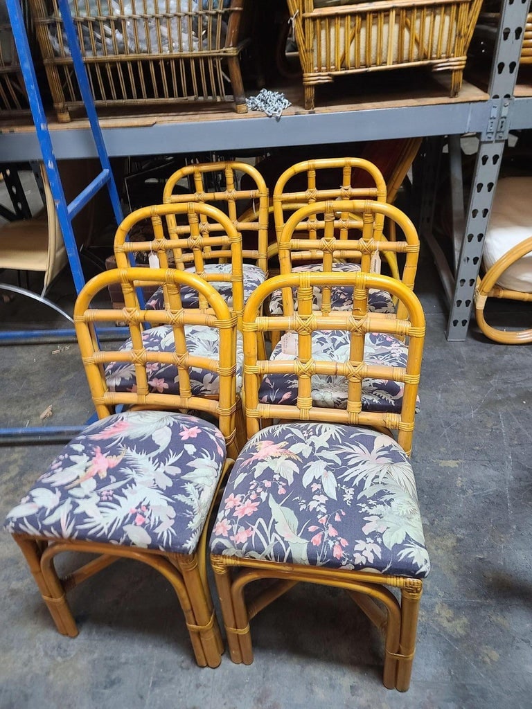 Restored Rattan Dining Chairs set w/ Tic-Tac-Toe Back, Set of 6 - 4