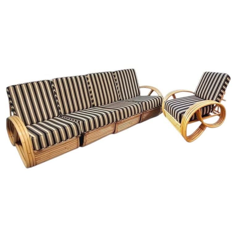 Restored MCM 3/4 Pretzel Rattan Sectional Sofa & Recliner Chair Living Room Set - 2
