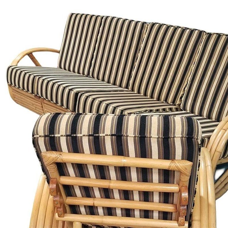 Restored MCM 3/4 Pretzel Rattan Sectional Sofa & Recliner Chair Living Room Set - 7