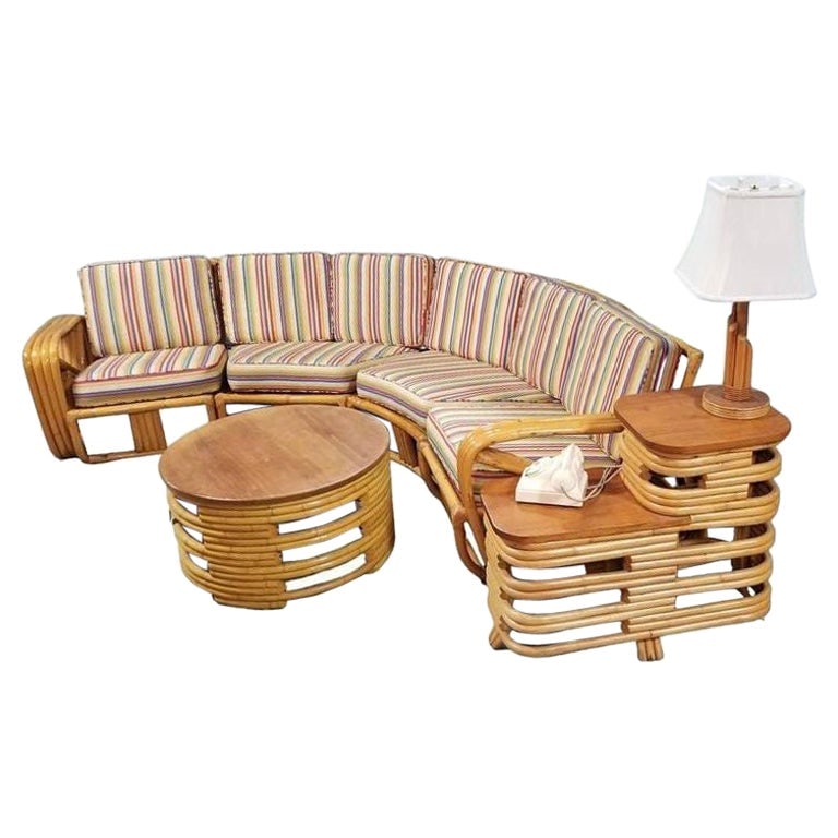 Restored Square Pretzel Rattan Corner Sofa, Coffee & Side Table Living Room Set - 2