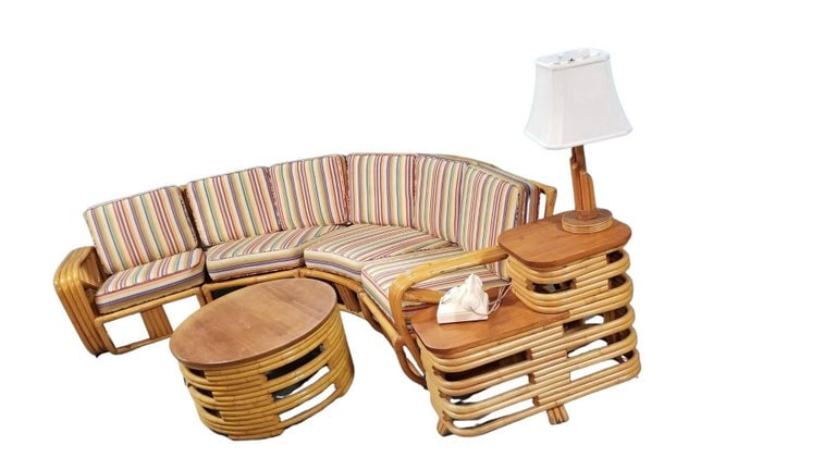 Restored Square Pretzel Rattan Corner Sofa, Coffee & Side Table Living Room Set - 3