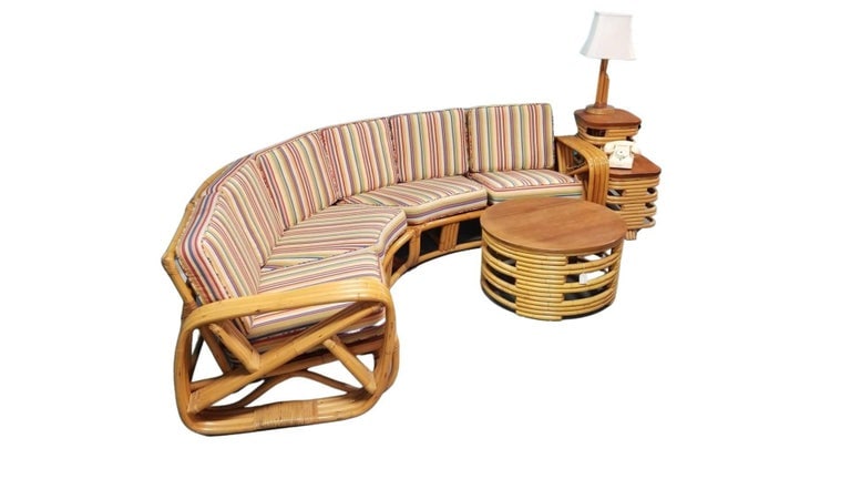 Restored Square Pretzel Rattan Corner Sofa, Coffee & Side Table Living Room Set - 4
