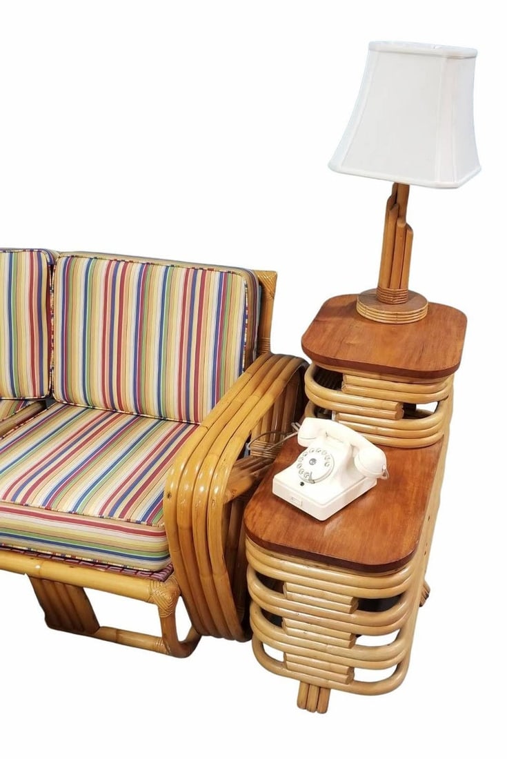 Restored Square Pretzel Rattan Corner Sofa, Coffee & Side Table Living Room Set - 5