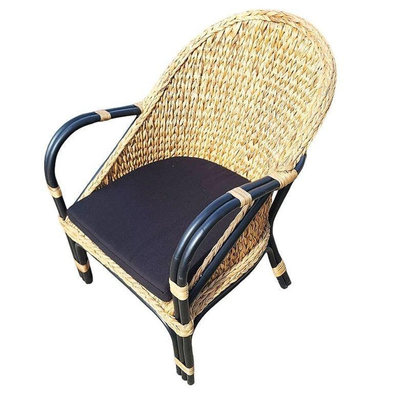 Modern Black Rattan Armchair Dining Chair w/ Wicker Seat - 3
