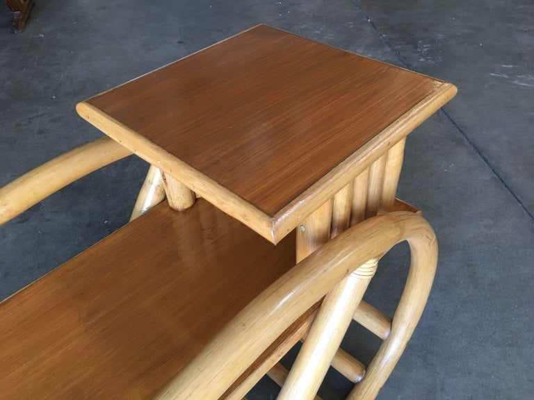 Restored 3/4 Round Pretzel Rattan Side Table w/ 2-Tier Mahogany Tops, Pair - 10