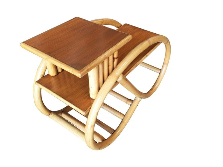 Restored 3/4 Round Pretzel Rattan Side Table w/ 2-Tier Mahogany Tops, Pair - 4
