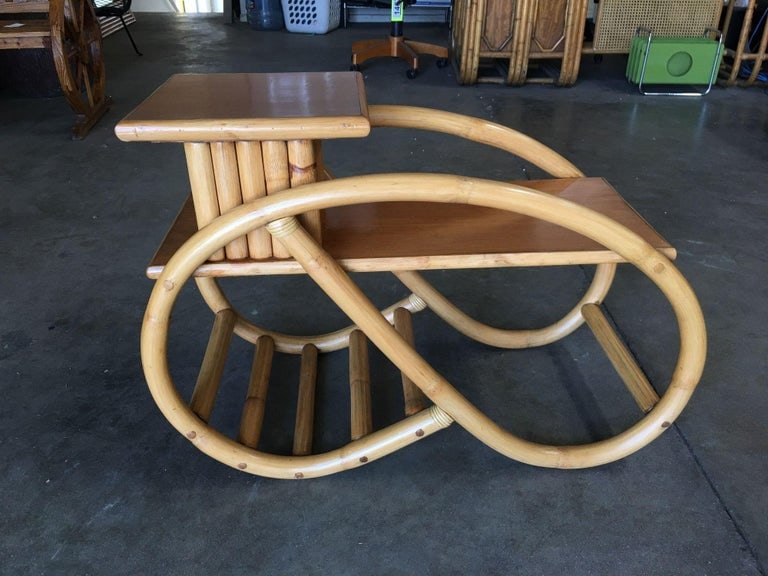 Restored 3/4 Round Pretzel Rattan Side Table w/ 2-Tier Mahogany Tops, Pair - 6