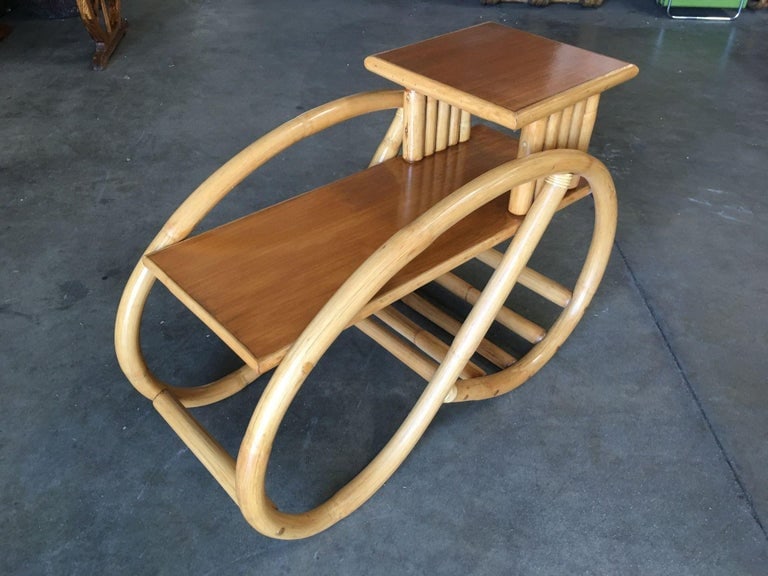 Restored 3/4 Round Pretzel Rattan Side Table w/ 2-Tier Mahogany Tops, Pair - 7
