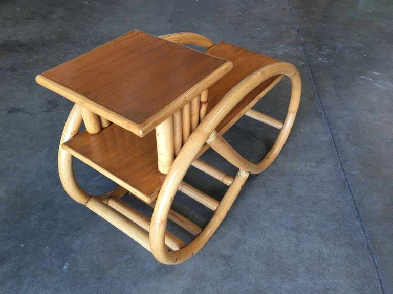 Restored 3/4 Round Pretzel Rattan Side Table w/ 2-Tier Mahogany Tops, Pair - 8