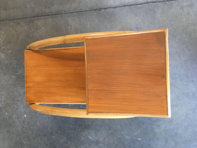 Restored 3/4 Round Pretzel Rattan Side Table w/ 2-Tier Mahogany Tops, Pair - 9