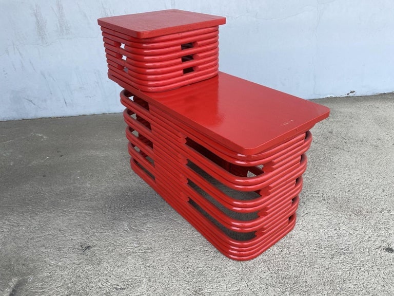 Restored Red Six-Strand Square Pretzel Loveseat Sofa & Table Livingroom Set - 10