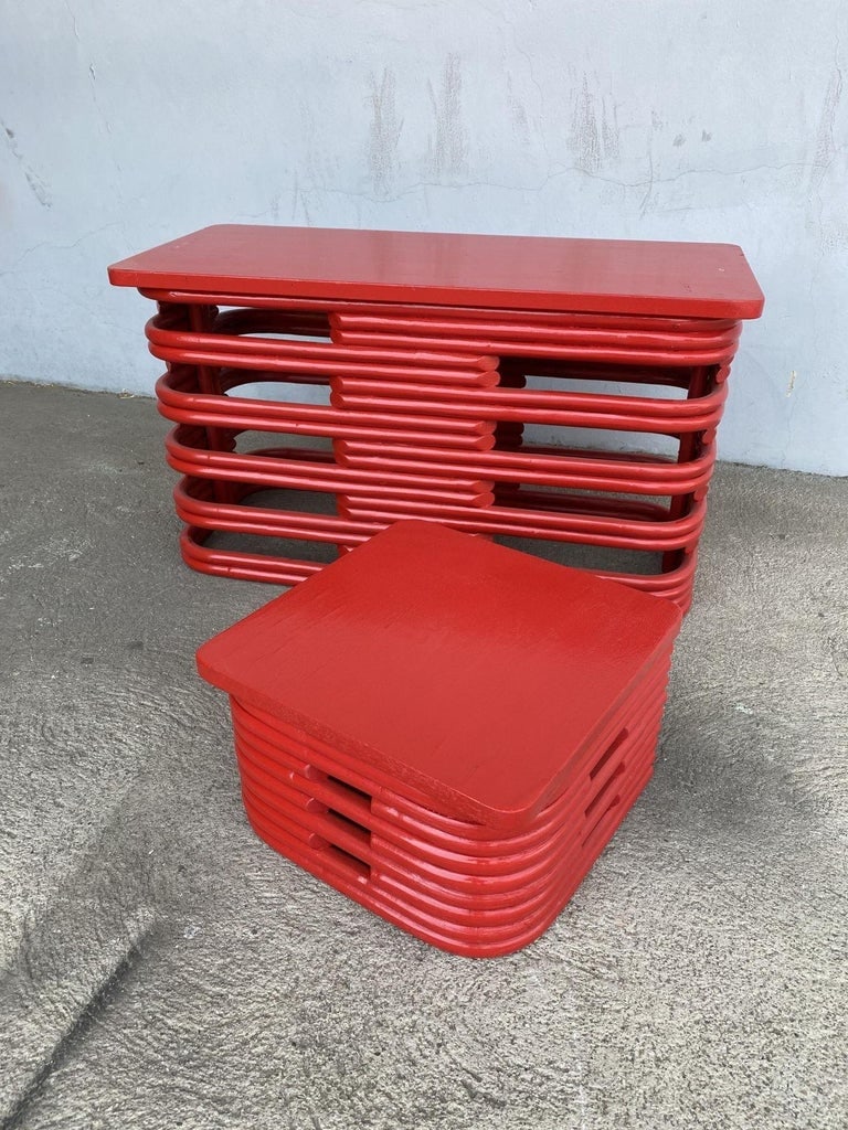 Restored Red Six-Strand Square Pretzel Loveseat Sofa & Table Livingroom Set - 13