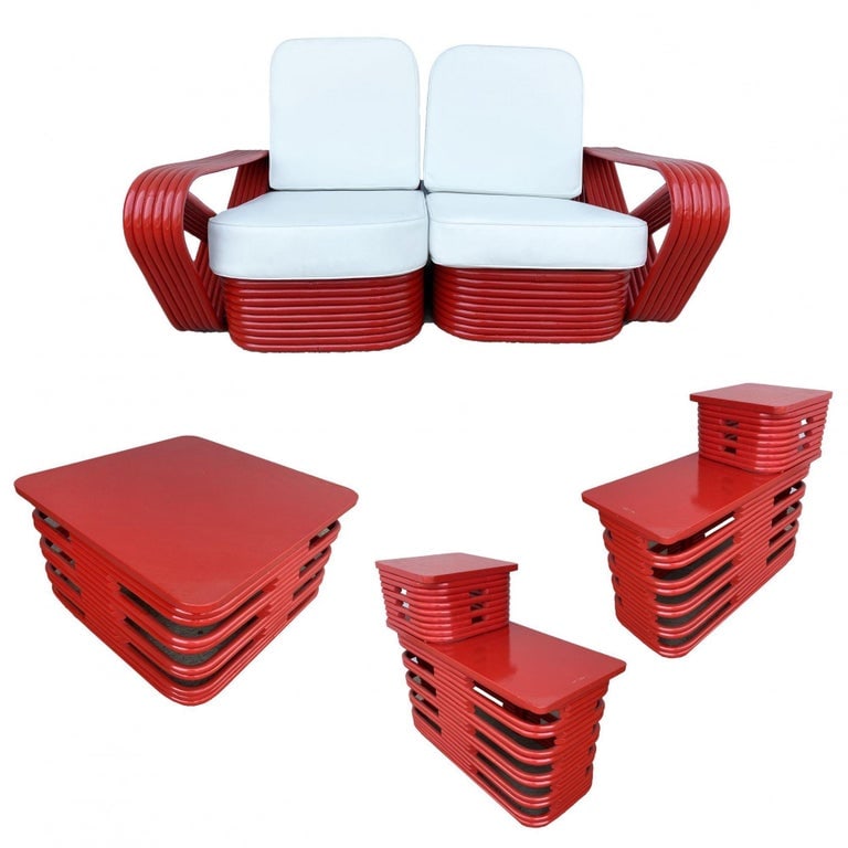 Restored Red Six-Strand Square Pretzel Loveseat Sofa & Table Livingroom Set - 14