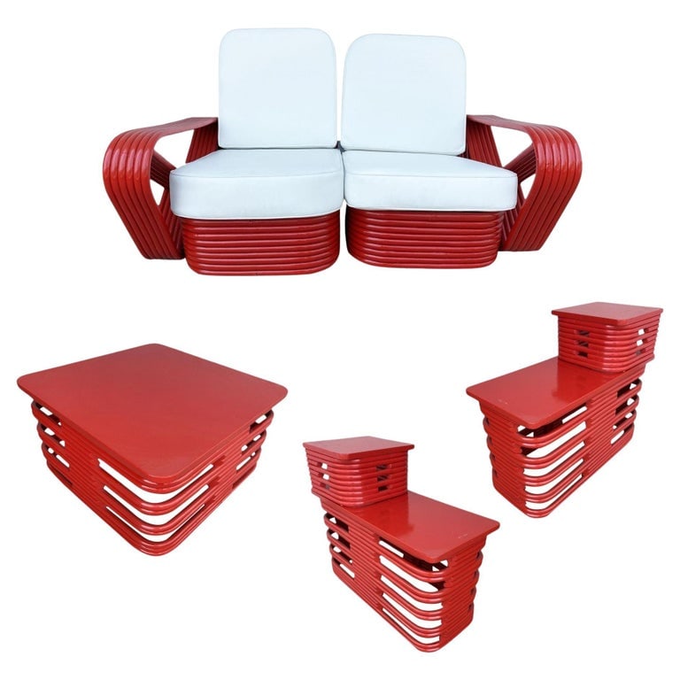 Restored Red Six-Strand Square Pretzel Loveseat Sofa & Table Livingroom Set - 2