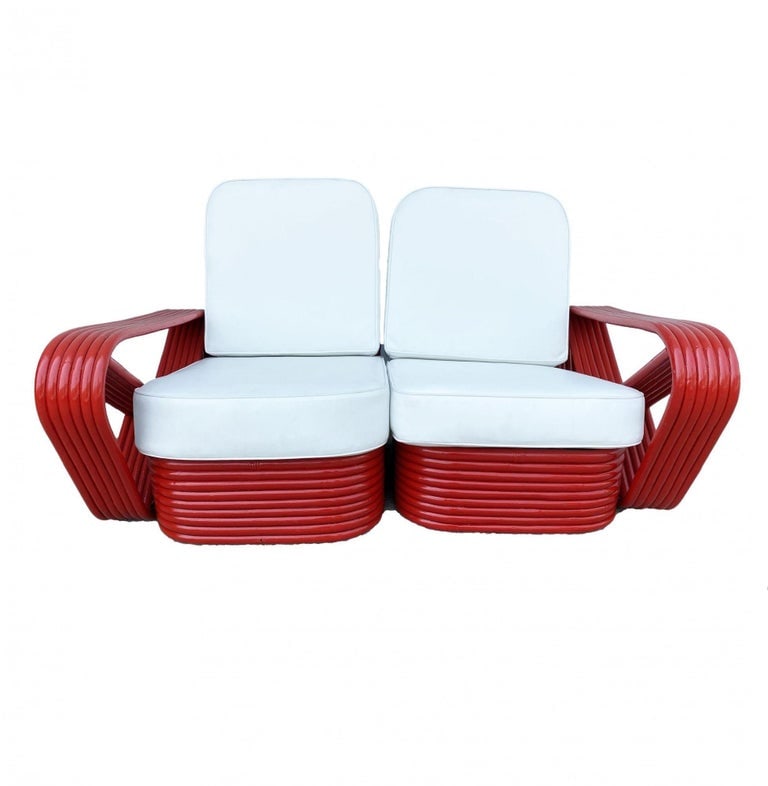 Restored Red Six-Strand Square Pretzel Loveseat Sofa & Table Livingroom Set - 3