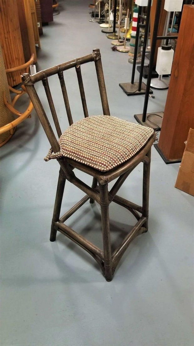 Mid Century Dark Stained Rattan Bar Stools with Stick Back, set of 8 - 5
