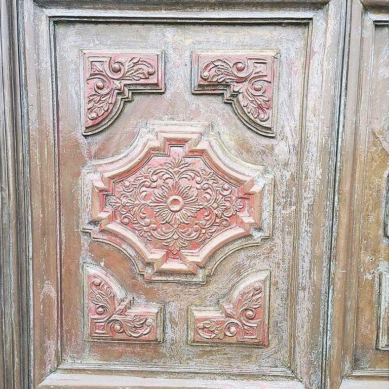 Large 8' Mediterranean Multipaneled Molding Bronze Covered Walnut Double Doors - 6