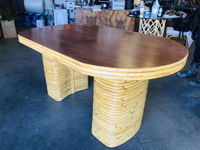 Restored Oval Stacked Rattan Dining Table W/ Mahogany Top - 3