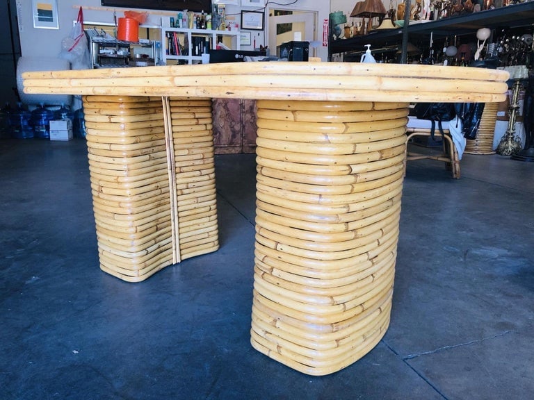 Restored Oval Stacked Rattan Dining Table W/ Mahogany Top - 4