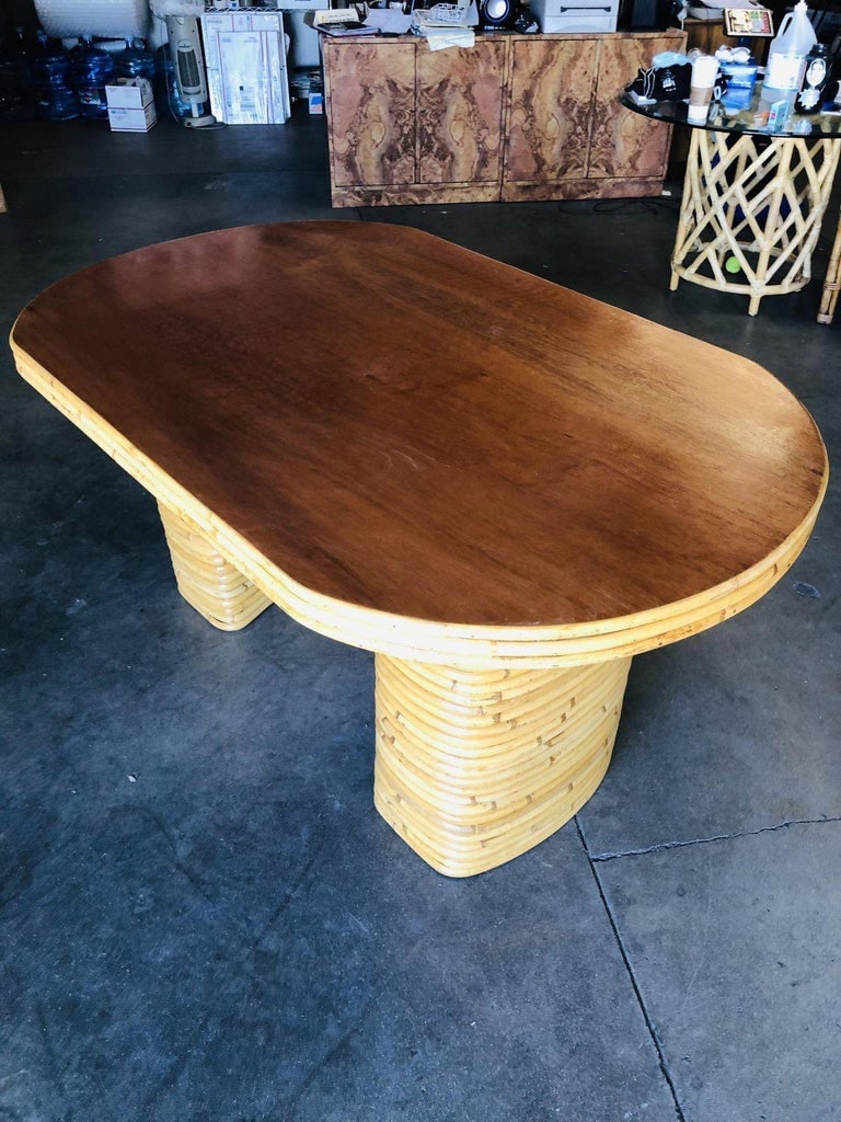 Restored Oval Stacked Rattan Dining Table W/ Mahogany Top - 5