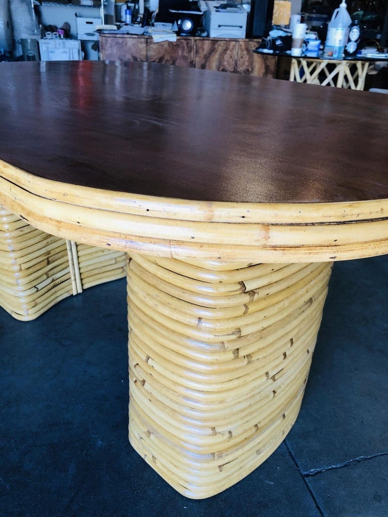 Restored Oval Stacked Rattan Dining Table W/ Mahogany Top - 6