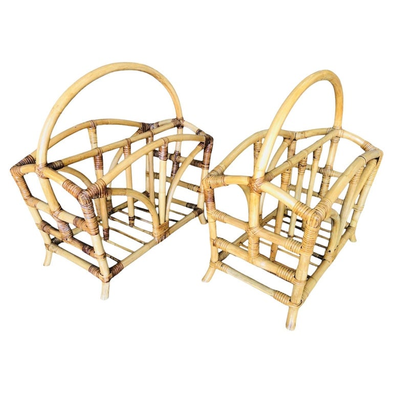 Restored Palm Rattan Magazine Rack W/ Handle, Pair - 2