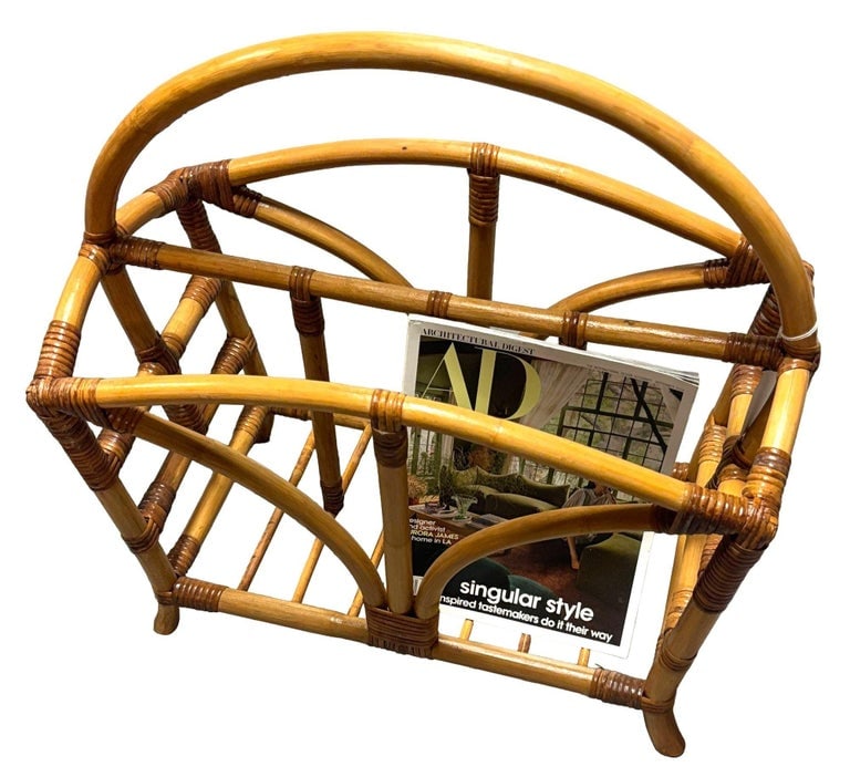 Restored Palm Rattan Magazine Rack W/ Handle, Pair - 8
