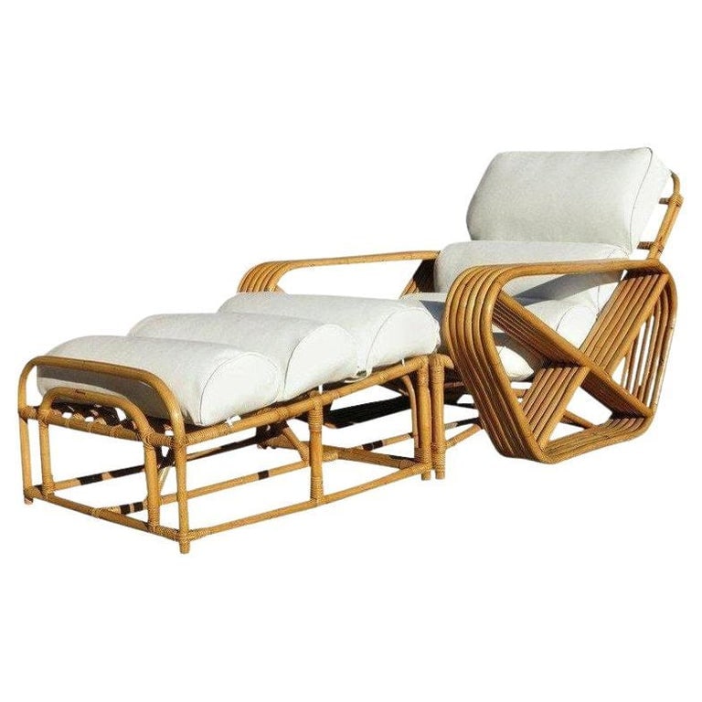 Restored 6-Stand Square Pretzel Rattan Chaise Lounge w/ Ottoman - 2