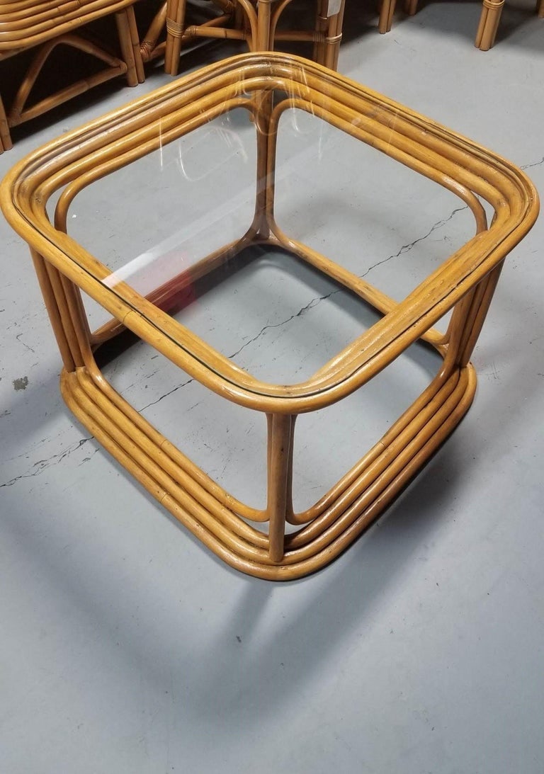 Restored Pair of 4-Strand Rattan Cubist Legs Coffee Table with Glass Tops - 6