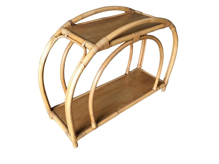 Restored "Double Arch" Rattan Side Table Pair W/ Two-Tier Mahogany Tops - 3