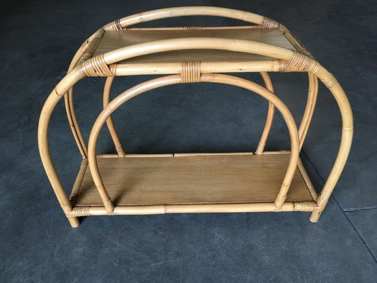 Restored "Double Arch" Rattan Side Table Pair W/ Two-Tier Mahogany Tops - 4
