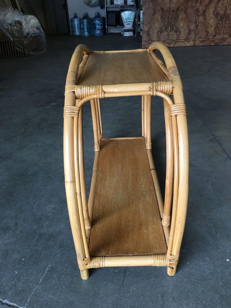 Restored "Double Arch" Rattan Side Table Pair W/ Two-Tier Mahogany Tops - 6