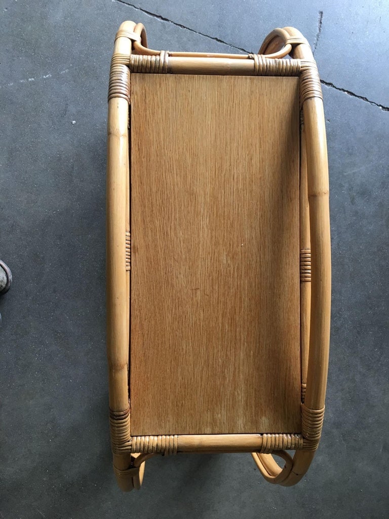 Restored "Double Arch" Rattan Side Table Pair W/ Two-Tier Mahogany Tops - 7