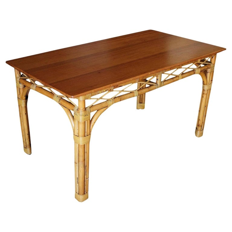 Restored 6 Person Rattan & Mahogany Dining Table - 2