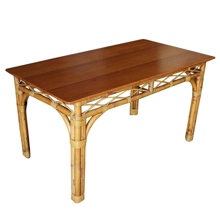 Restored 6 Person Rattan & Mahogany Dining Table - 4