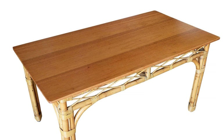 Restored 6 Person Rattan & Mahogany Dining Table - 5