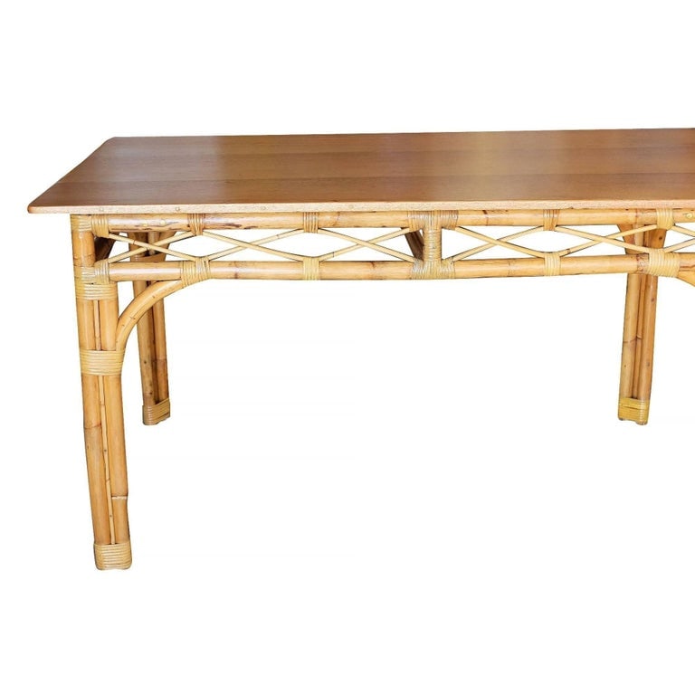Restored 6 Person Rattan & Mahogany Dining Table - 6