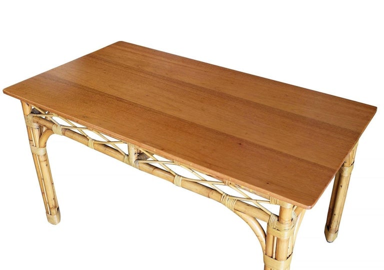 Restored 6 Person Rattan & Mahogany Dining Table - 7
