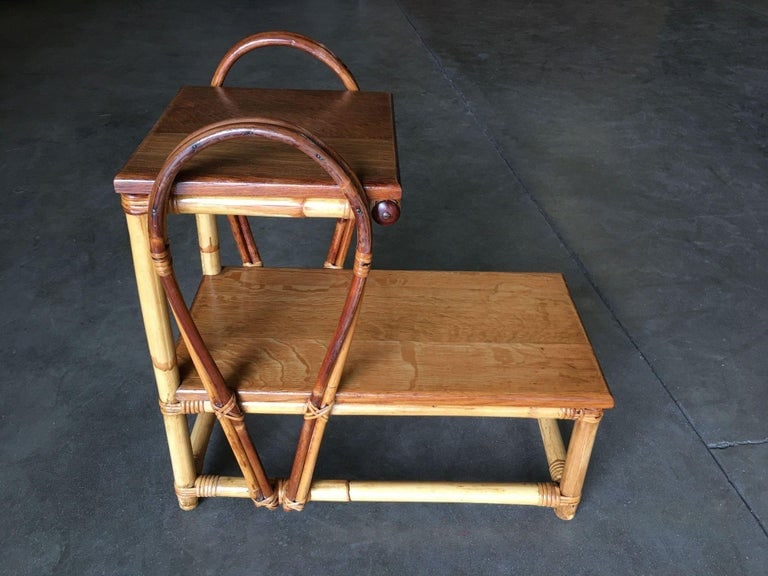 Restored Rattan Tear Drop Rattan Table W/ Mahogany Tops - 3